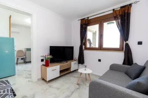 Living room with a sofa, TV, and a view through the window. - image 12