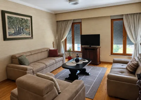 Spacious living room with seating furniture, a coffee table, and a television. - image 2