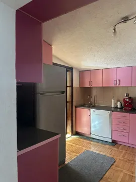 Kuhinja sa roze elementima, frižiderom i drvenim podom. - image 6