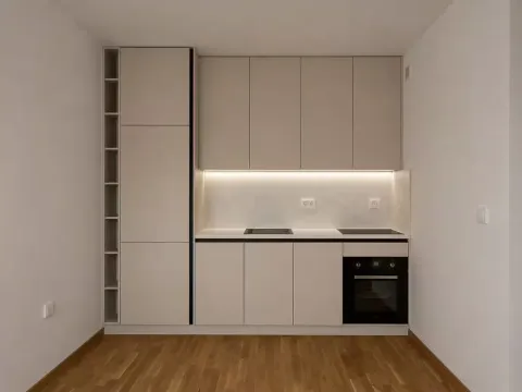 Modern kitchen with built-in cabinetry and white countertops. - image 8