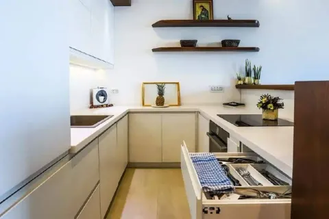 Moderna bijela kuhinja sa ugradnim elementima i otvornom fiokom sa escajgom. - image 5