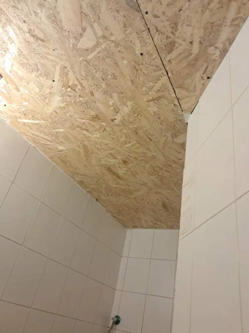 Bathroom with tiled walls and an OSB board ceiling.