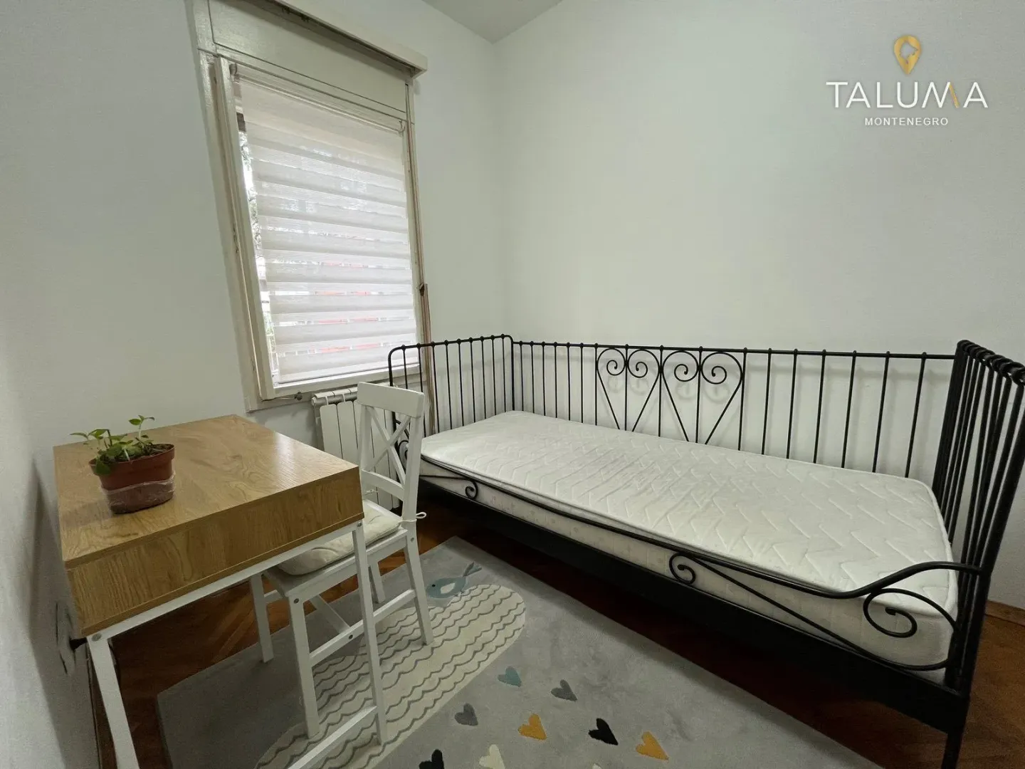 Smaller bedroom with a pull-out bed and a desk.
