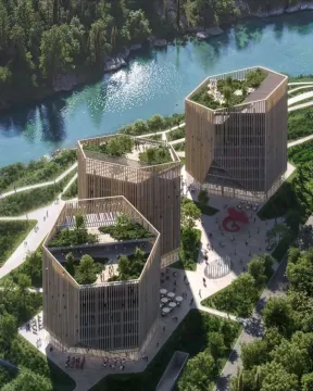 Ptičja perspektiva modernih stambenih zgrada sa zelenim krovovima pored rijeke. - image 11