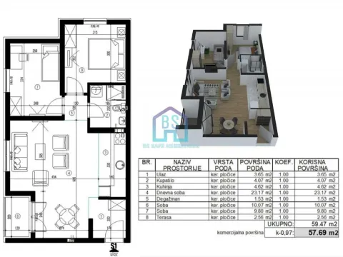 Sale, two bedroom apartment, 58m², Adice, Novi Sad Sve Podlokacije