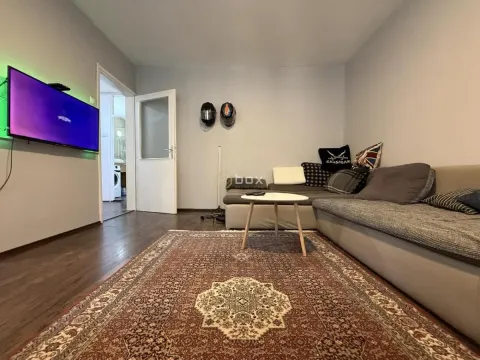 Nameštena dnevna soba sa ugaonom garniturom, televizorom i tepihom. - image 2