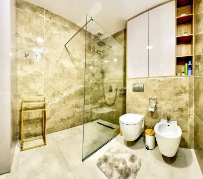 Modernly equipped bathroom with a walk-in shower, toilet and bidet. - image 9