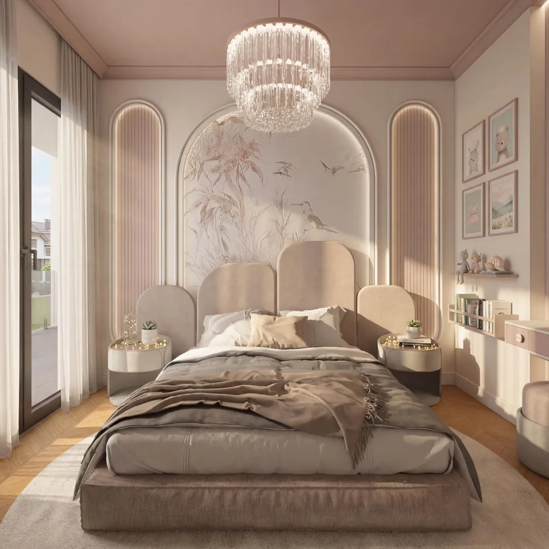 Moderna spavaća soba sa bračnim krevetom, elegantnim uzglavljem i ukrasnim lusterom.