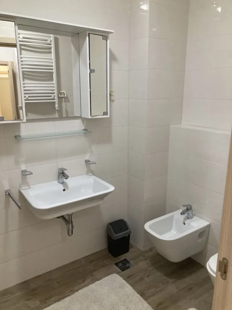 Bright bathroom with a washbasin, mirror, bidet, and toilet.
