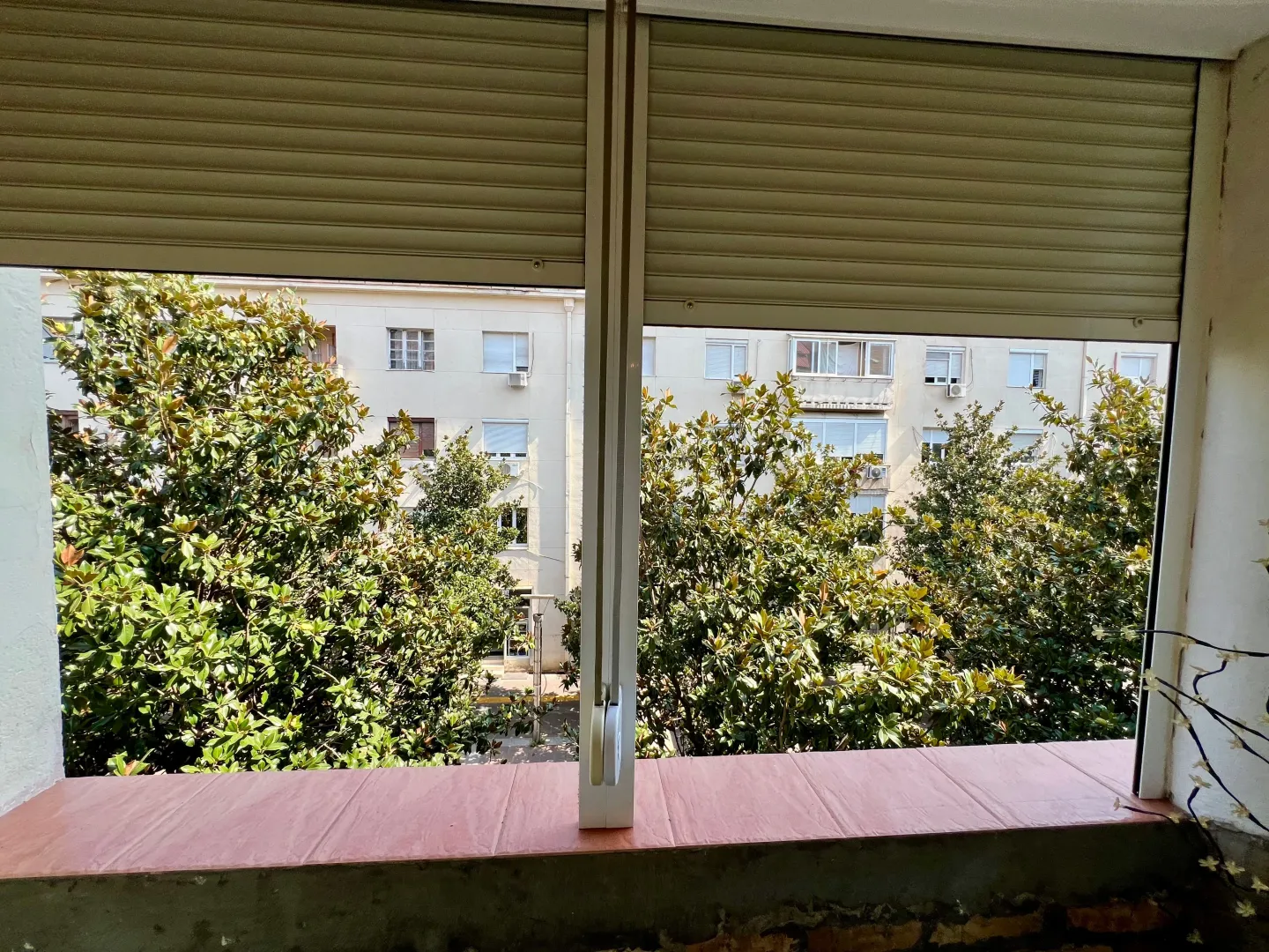 View from the terrace facing a neighboring building and trees.