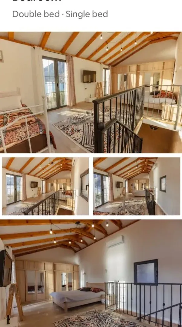 The collage shows an attic bedroom with wooden beams and beds.