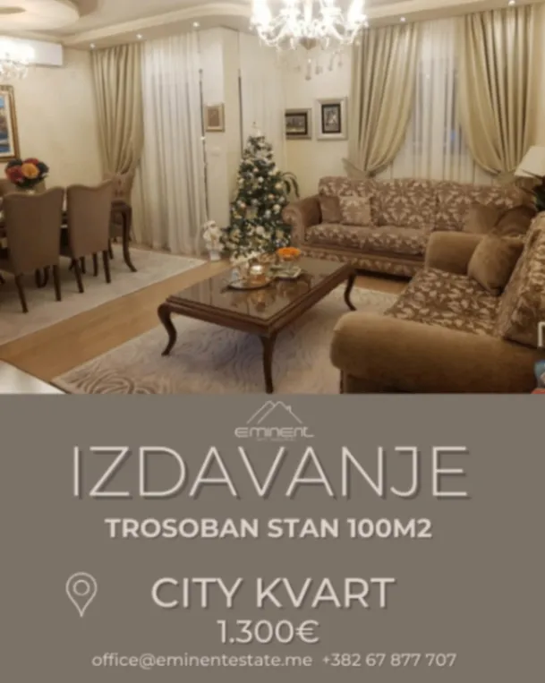 Izdavanje, trosoban stan, 100m², City Kvart, Podgorica