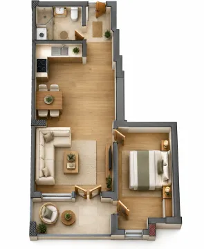 Floor plan of a furnished apartment with a living room, kitchen, bedroom, bathroom, and terrace. - image 10