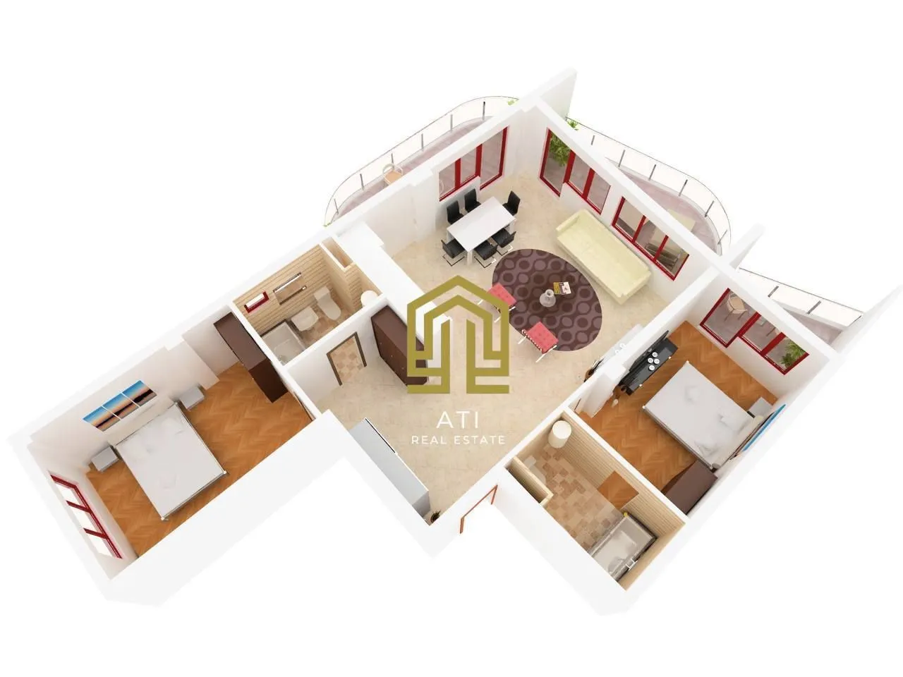 Three-dimensional floor plan showing the apartment layout and furniture arrangement.