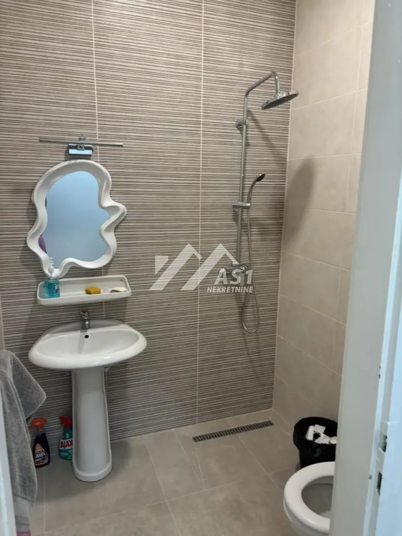 Bathroom equipped with a washbasin, shower, and toilet.