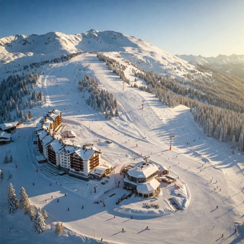 Aerial view of a mountain ski resort with hotels and ski slopes covered in snow.