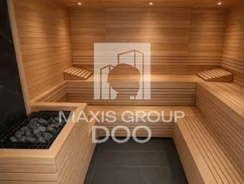 Unutrašnjost moderne saune obložene drvetom sa peći i kamenjem. - image 11