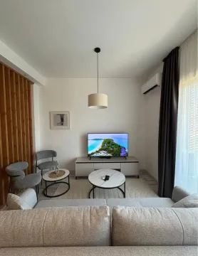 Living room with sofa, coffee table, and TV. - image 3