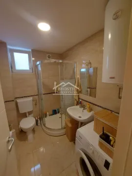 Bathroom equipped with a shower cabin, washbasin, toilet, and washing machine. - image 4