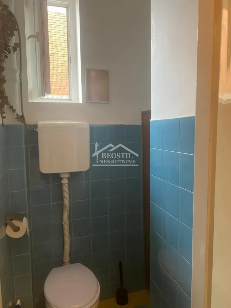 Pogled na kupatilo sa plavim pločicama i WC šoljom.