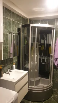 Kupatilo sa modernom tuš kabinom, lavaboom i zelenim pločicama. - image 4