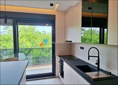 Modern kitchen with dark countertops and access to the terrace. - image 11