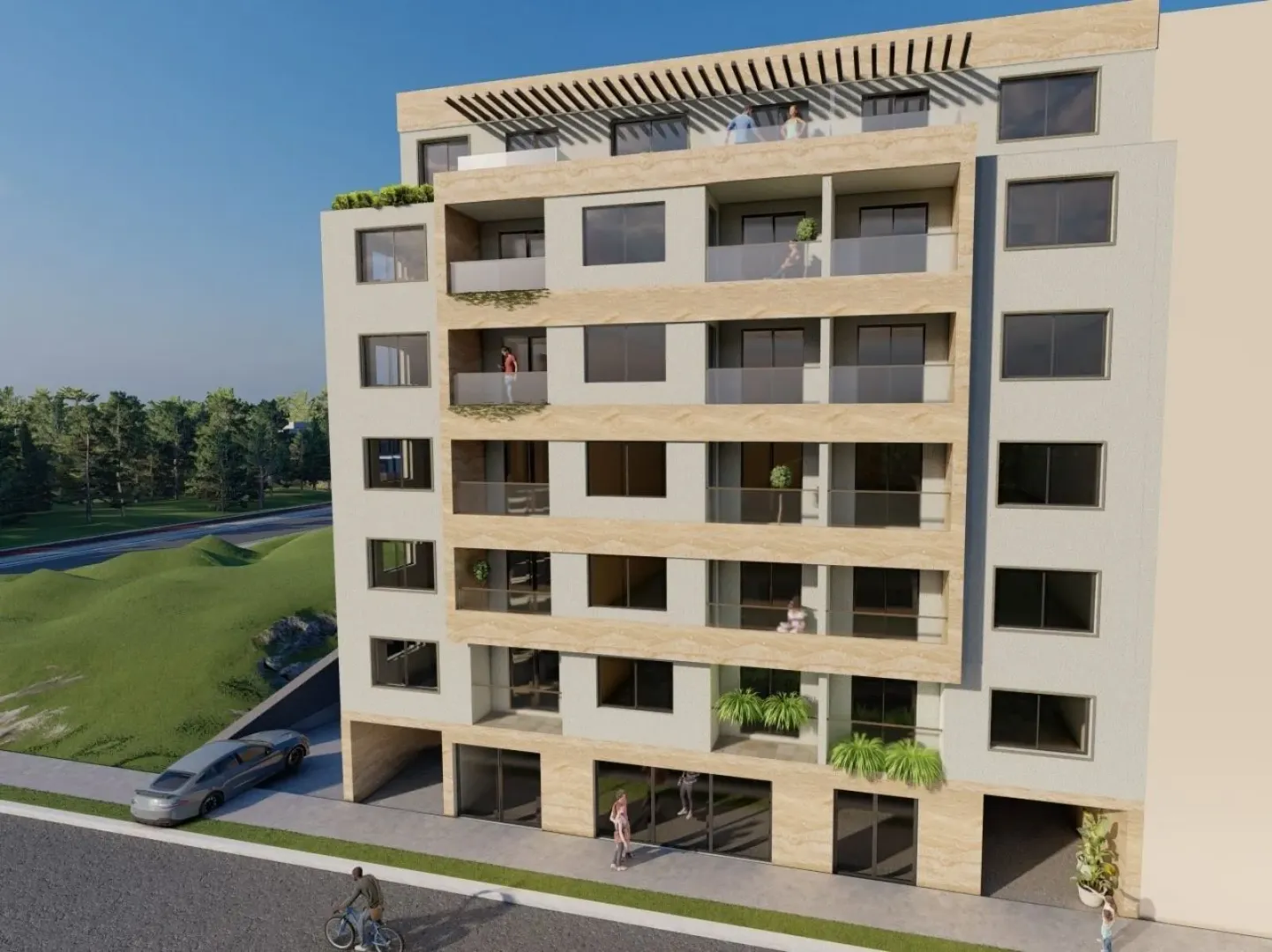 Exterior facade of a modern residential building with balconies and surroundings.