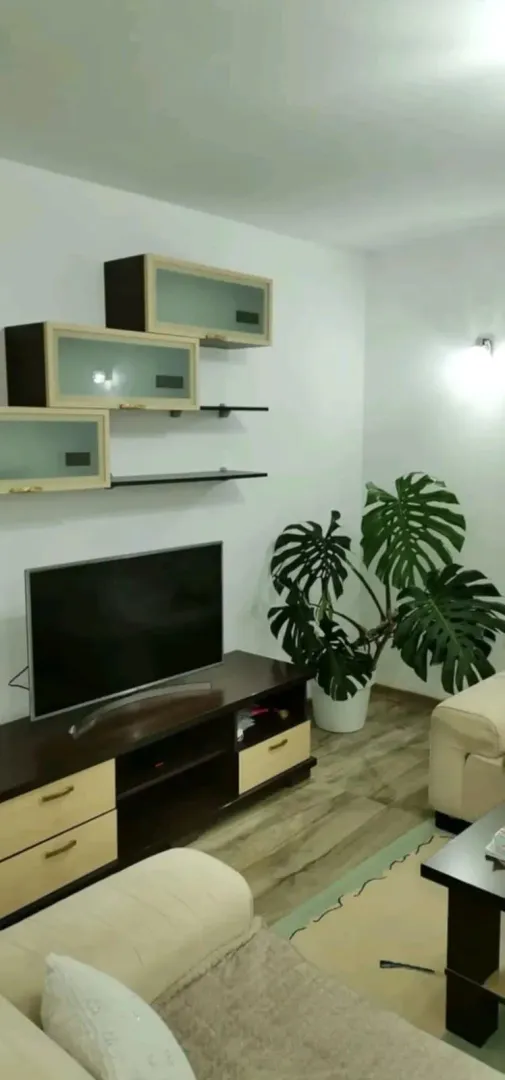 Bright living room featuring a TV stand, wall shelves, and a monstera plant.