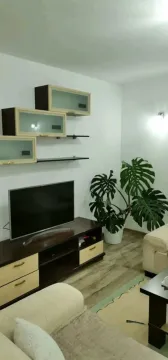 Bright living room featuring a TV stand, wall shelves, and a monstera plant. - image 2