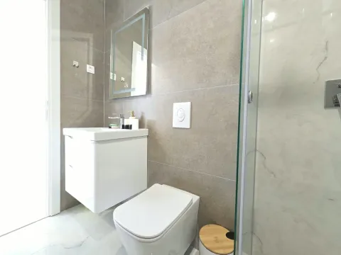 Modernly equipped bathroom with white sanitary ware and a walk-in shower. - image 7