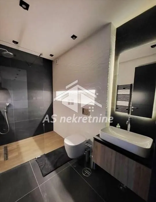 Modernly equipped bathroom with a walk-in shower and washbasin.