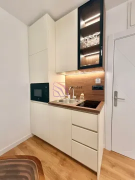 Compact kitchen with built-in cabinetry and a sink. - image 25