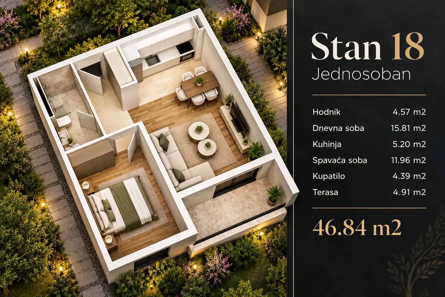 Three-dimensional layout view of a one-bedroom apartment with room areas.