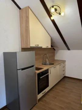 Small kitchen with wooden elements and built-in appliances in the attic. - image 3