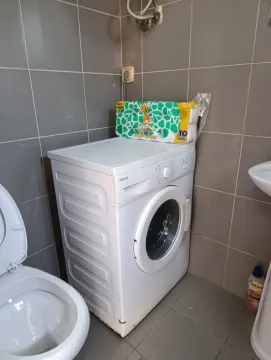 Small bathroom equipped with a toilet, washbasin, and washing machine. - image 6
