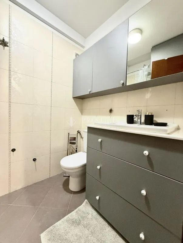 Small bathroom with grey bathroom furniture and a toilet.