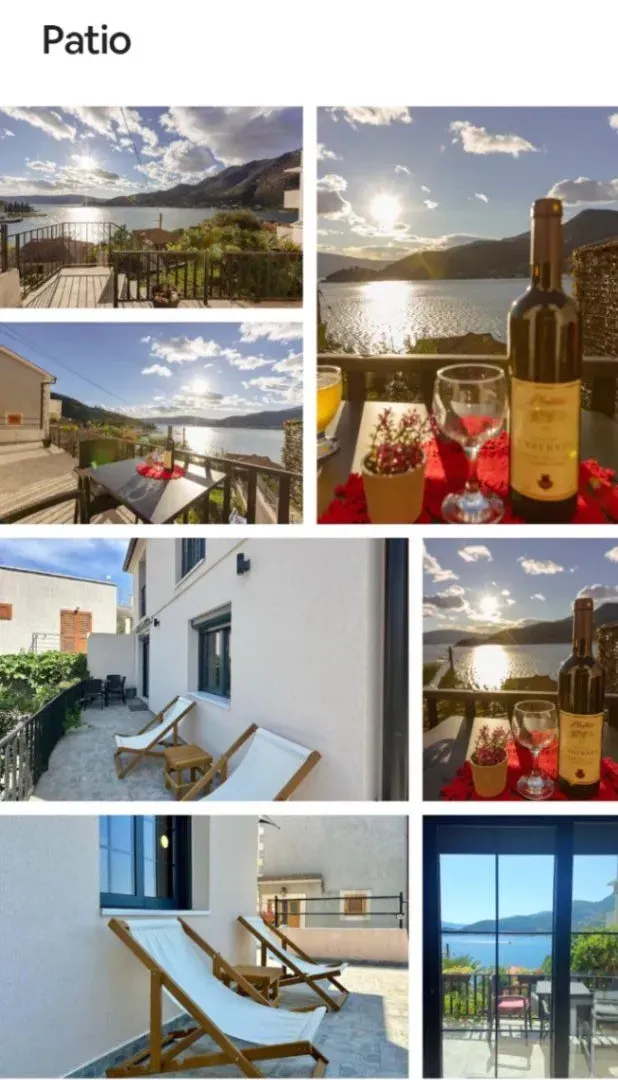 Collage of photos showing a terrace with a sea view and courtyard.
