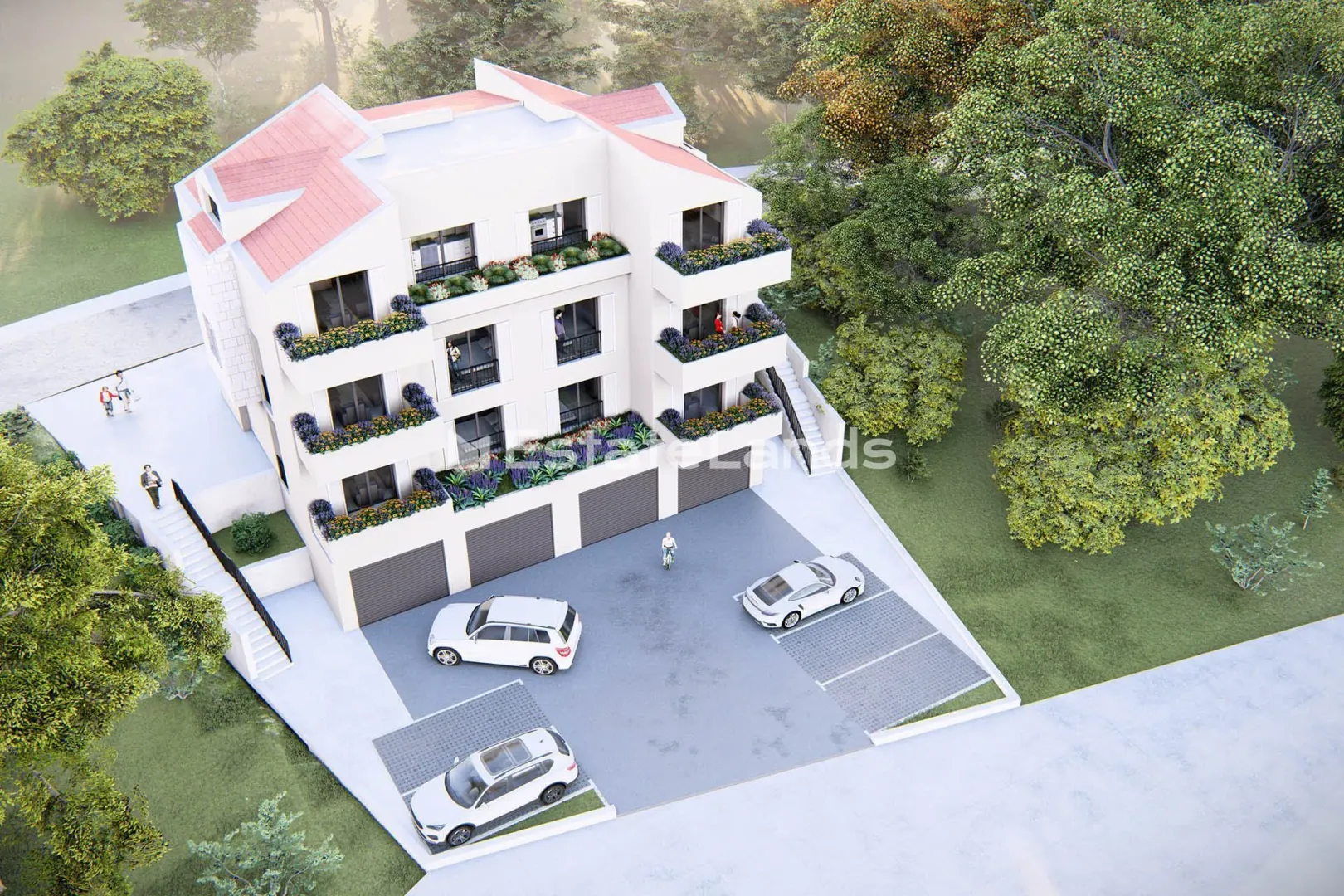 3D prikaz stambene zgrade sa dvorištem i parkingom.