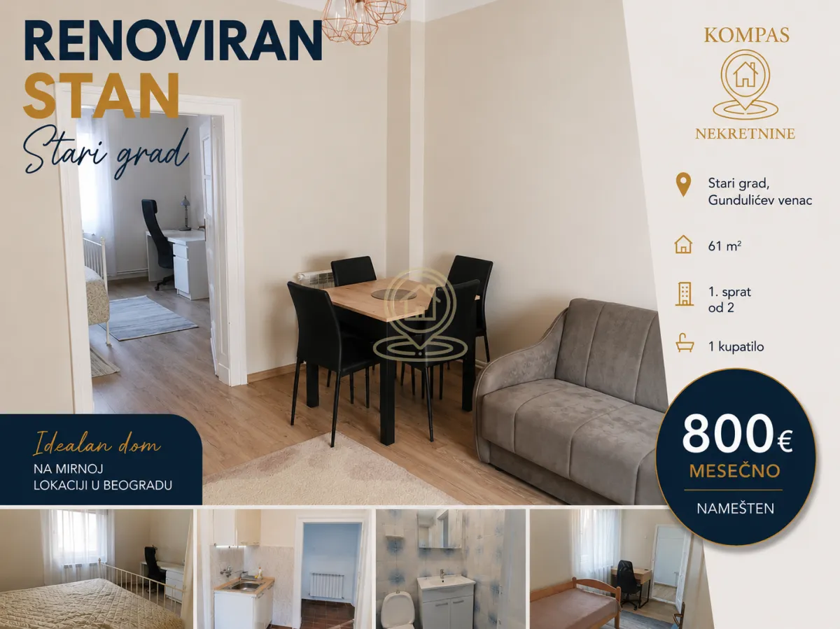Rent, three bedroom apartment, 61m², Stari Grad, Beograd