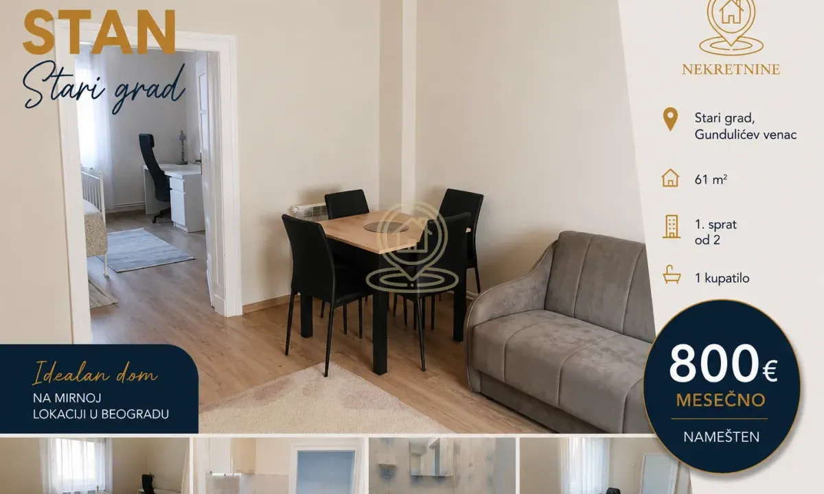Rent, three bedroom apartment, 61m², Stari Grad, Beograd