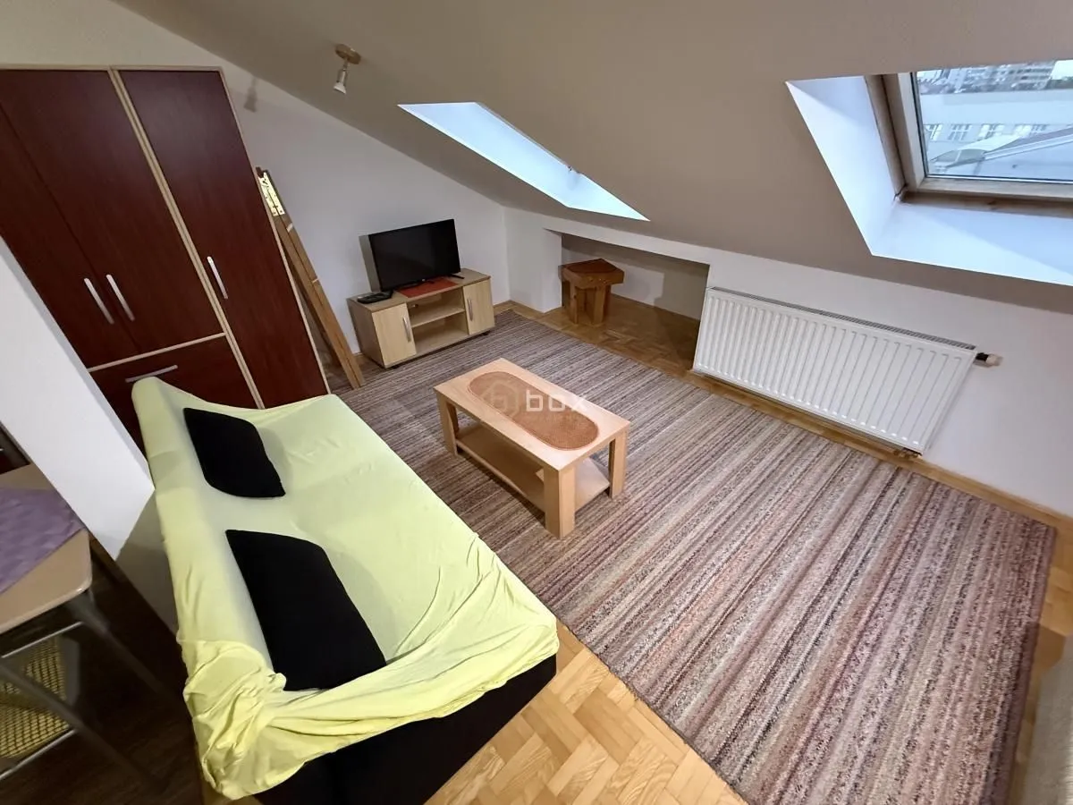 Attic living room with a sofa set, wardrobe and skylights.