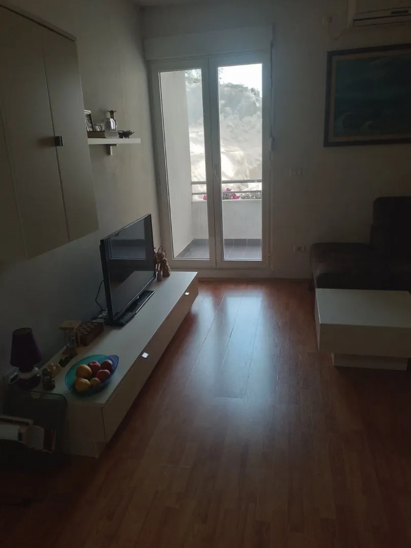 Dnevna soba sa televizorom i izlazom na balkon.