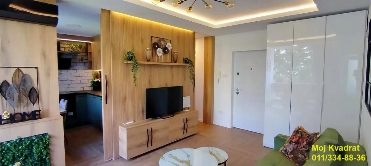 Dnevni boravak sa drvenim oblogama na zidu, televizorom i pogledom na kuhinju.