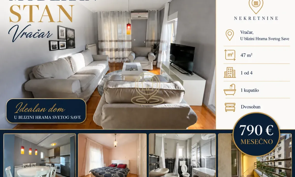 Izdavanje, dvosoban stan, 47m², Vračar Hram, Vračar Sve Podlokacije