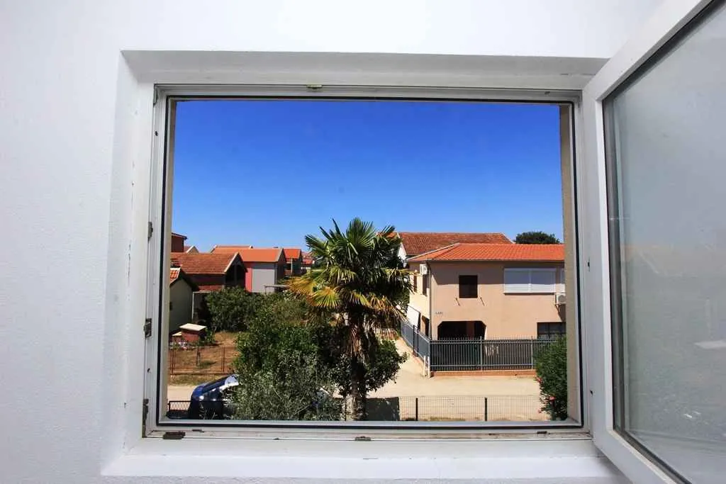 Pogled kroz otvoren prozor na okolne kuće i palmu.