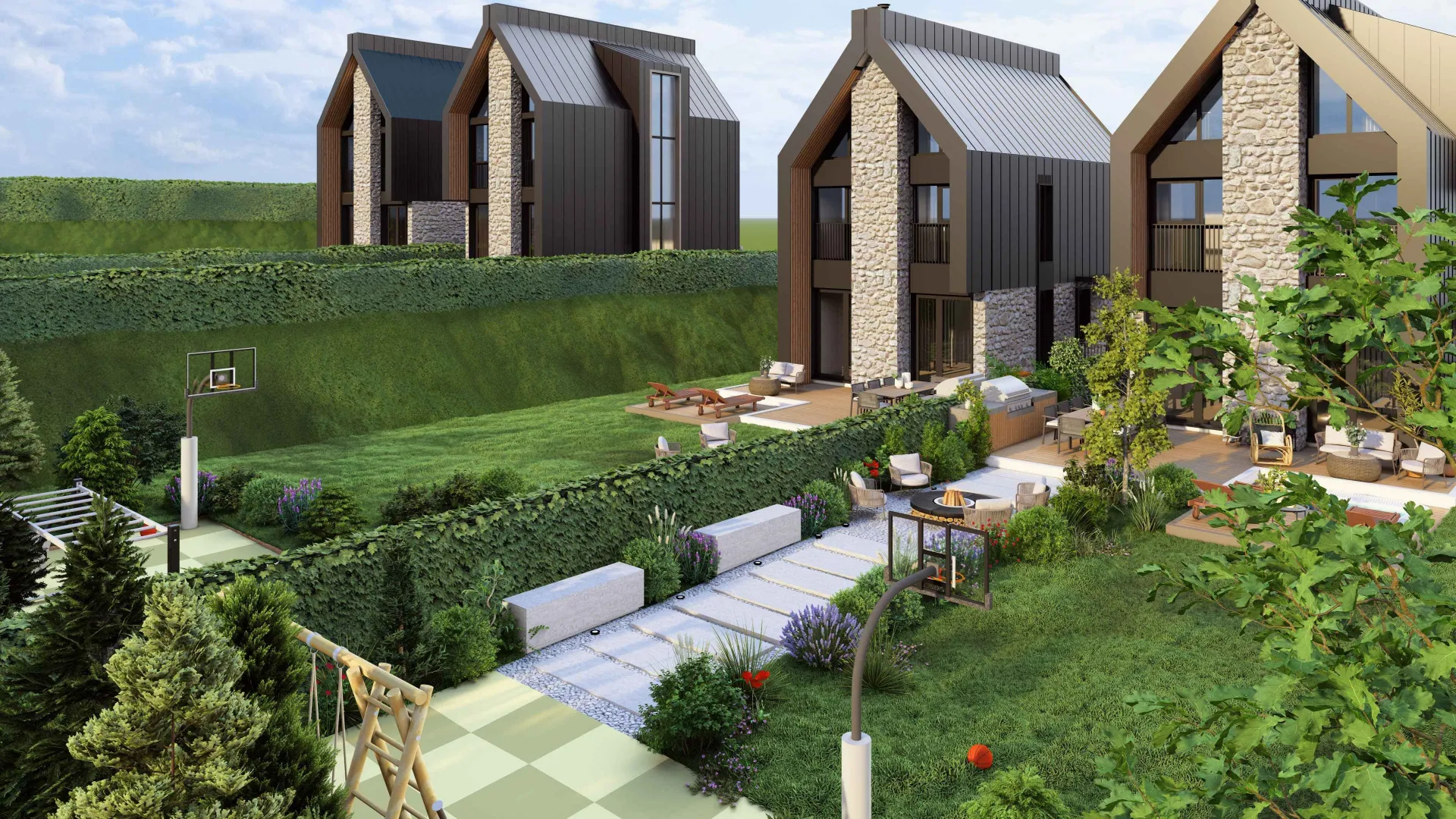 Eksterijer modernih vila sa uređenim dvorištem, terasama i zelenim površinama.
