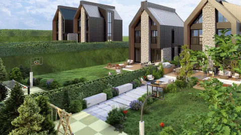 Eksterijer modernih vila sa uređenim dvorištem, terasama i zelenim površinama. - image 24