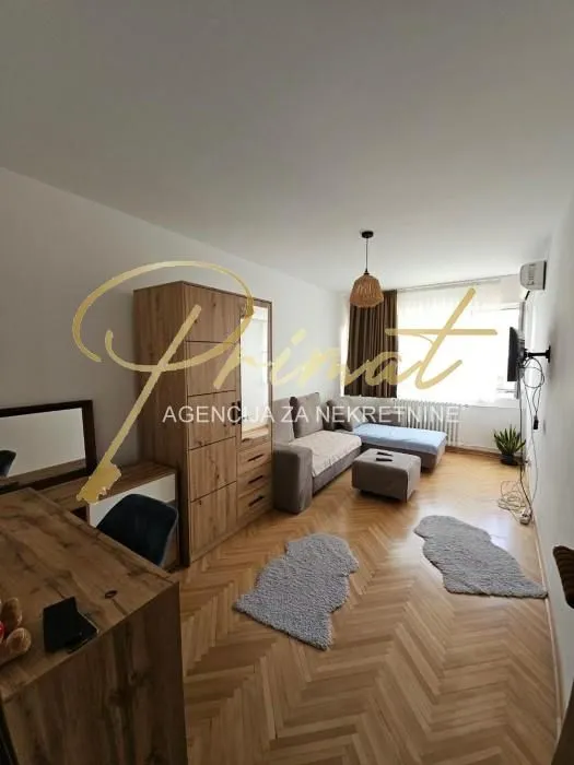 Living room with a sofa, desk, and wooden wardrobe.