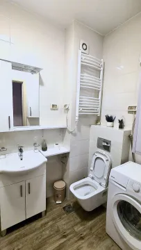 Bathroom equipped with a washbasin, toilet, washing machine, and a towel radiator. - image 8