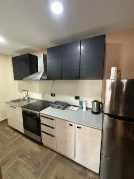 Moderna kuhinja sa bijelim donjim i crnim gornjim elementima. - image 7